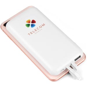 A white and rose gold wireless power bank with a logo and multiple charging ports.