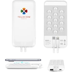 A white 8000 mAh wireless power bank with a logo and multiple charging ports on one side.