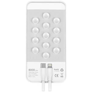 A white wireless power bank with a textured surface, featuring two USB ports and a logo. Capacity of 8000 mAh.