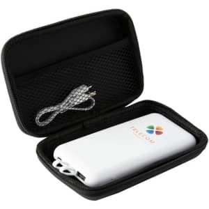 A white power bank in a zippered black case, accompanied by a charging cable. The power bank has a logo.