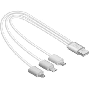 A white charging cable featuring a USB end and three connectors for various devices. It has a simple design.