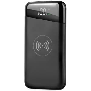 A black wireless power bank with a digital display and a logo on the surface. It has a 10,000 mAh capacity.