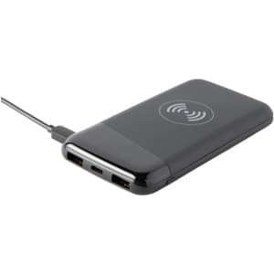 A black wireless power bank with a charging port and a logo on the surface.