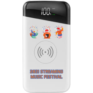 A white wireless power bank with a sleek design and a digital display, featuring colourful cartoon graphics and branding.