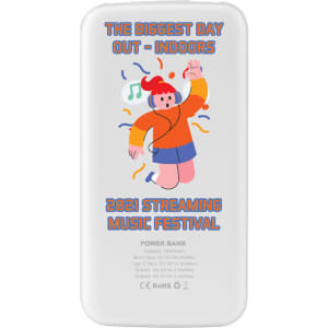 A white power bank featuring colourful illustrations and a logo, with a capacity of 10,000 mAh.