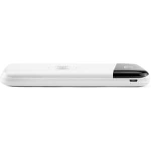 A white Marlow Wireless Power Bank with a black accent, featuring a logo on the top and one USB port.