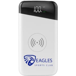 A white wireless power bank with a logo, featuring a digital display and a round charging area.
