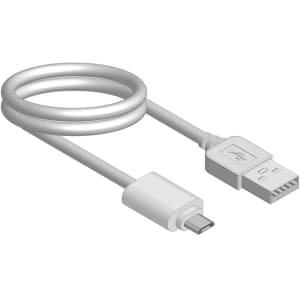 A white USB charging cable, coiled and featuring a standard USB and a micro USB connector.