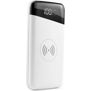 A white wireless power bank with a digital display, featuring a logo and a charging icon.