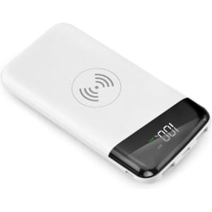 A white Marlow Wireless Power Bank with a digital display and a wireless charging symbol.