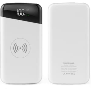 A white Marlow wireless power bank with a digital display and a logo, featuring wireless charging capability.