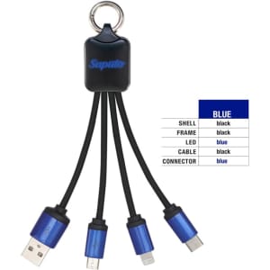 A blue charging cable with multiple connectors attached to a black keychain-style holder.
