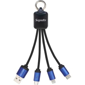 A charging cable with a black and blue design, featuring a keyring attachment and multiple connector options.