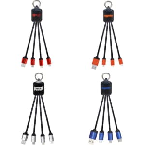 A collection of multi-charging cables in red, black, and blue, featuring keychain attachments and various connector types.