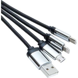 A charging cable in black with three connectors: USB, Lightning, and micro USB. It features a silver metallic design.