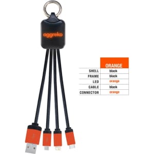 A black and orange charging cable with multiple connectors, featuring a keyring attachment and a logo.
