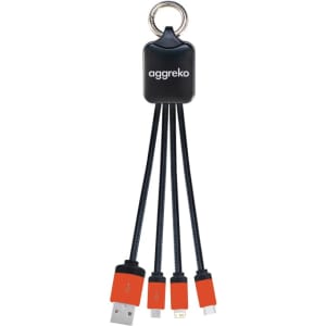 A charging cable with a keychain attachment, featuring four connectors in black and orange. It includes a USB and various device interfaces.