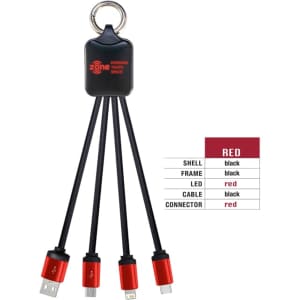 A red and black charging cable with a keyring holder, featuring multiple connectors for different devices.