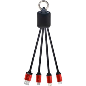 A charging cable with a black rectangular holder and four red connectors, including USB, Micro-USB, and Lightning.