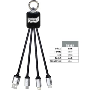A charging cable in black and silver, featuring multiple connectors and a keyring attachment. It has a logo on the shell.