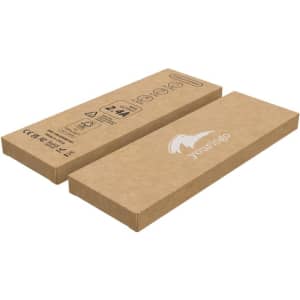 A rectangular, brown cardboard packaging for a charging cable, featuring a logo and various technical symbols.