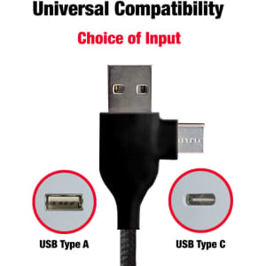 A charging cable featuring USB Type A and USB Type C connectors. The cable is black and has a branding logo.