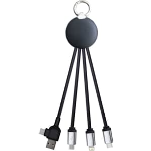 A charging cable with four connectors, featuring a round black holder and black braided cords.