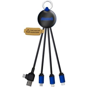 A charging cable with a black and blue connector hub featuring multiple charging tips and a logo.