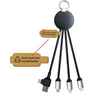 A charging cable with a keyring attachment, featuring multiple connectors: USB, Micro USB, and Lightning. Black colour.