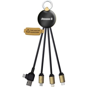 A charging cable in black and gold with multiple connectors, featuring a round logo and a keyring attachment.