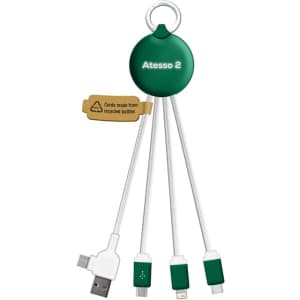 A green LED charge cable with multiple connectors, featuring a recycling symbol. Includes a keyring for convenient storage.