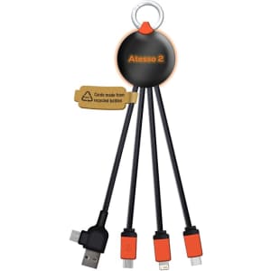 A charging cable featuring multiple connectors: USB-C, Micro USB, and Lightning, with a circular black and orange holder.