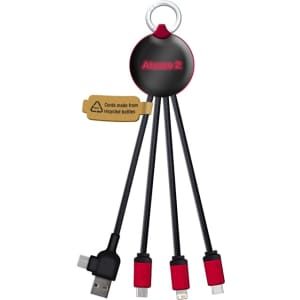 A multi-port charging cable in black and red, featuring a ring for attachment and three connectors for various devices.