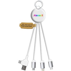 A charging cable with a white hub and three connectors: USB, Micro USB, and Lightning. Features a logo and a tag.