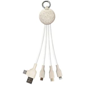 A wheat straw charging cable in off-white, featuring multiple connectors and a ring for attachment.