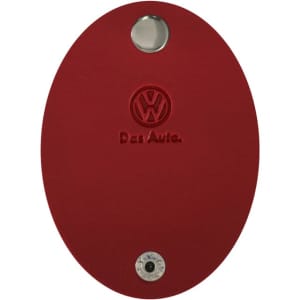 A red oval-shaped cable tidy featuring a logo and a keyring attachment point.