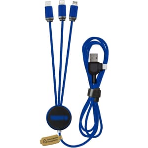 A blue LED charging cable with three connectors: USB, Micro USB, and Lightning, featuring a round hub with a logo.