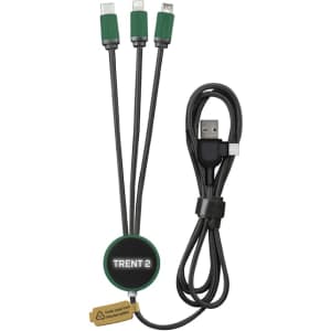 A charging cable with three connectors: USB, Lightning, and micro USB. It features a green and black design.