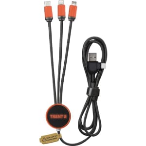 A charging cable with three connectors, featuring orange accents and a black braided design. It includes a logo.