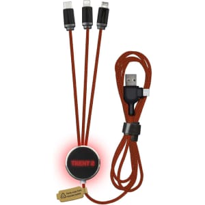 A charging cable in a brown braided design with multiple connectors and a circular branding logo.