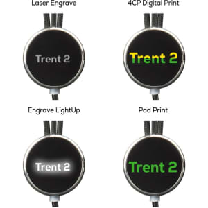 Four charging cable connectors in black, featuring different printing options and a logo.