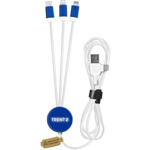 A white charging cable with blue connectors for USB, Lightning, and micro USB, featuring a round blue branding section.