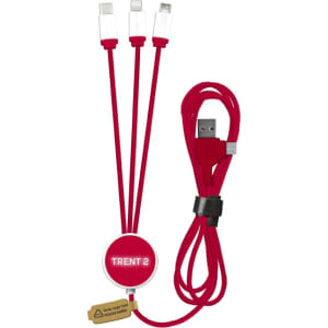 A red charging cable featuring multiple connectors, with a circular base and a branding logo.