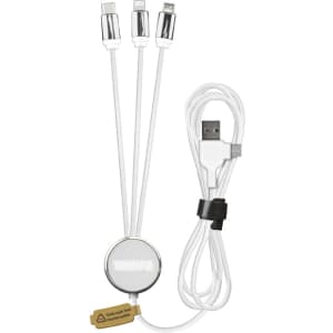 A white charging cable with multiple connectors, including USB, Lightning, and Micro USB, featuring a round attachment.
