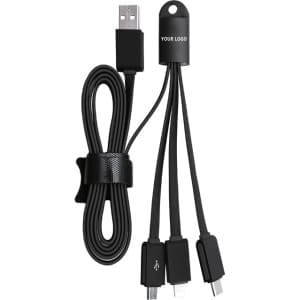 A black multi-charge flat charge cable with USB and two additional connectors. It includes a logo and a cable organiser.