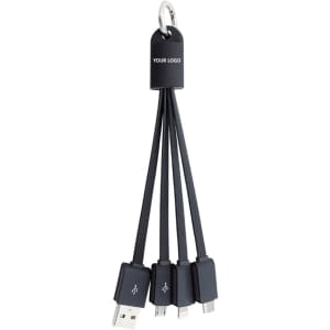 A black multi-charge flat cable with multiple connectors and a keyring for easy carrying. It features a logo.