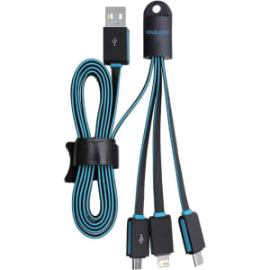 A black and blue multi-charge flat charging cable with multiple connectors and a logo on one end.