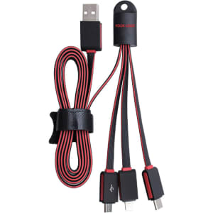 A black and red multi-charge flat cable with multiple connectors, secured with a strap and featuring a logo.