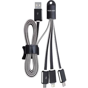 A flat multi-charge cable in black with a holder, featuring three different connectors and a logo.