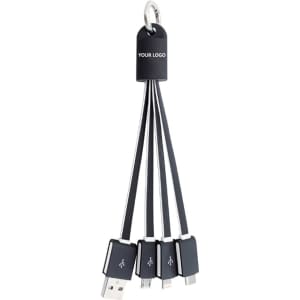 A multi charge flat charge cable in black, featuring a USB connector and three additional connectors, with a logo.